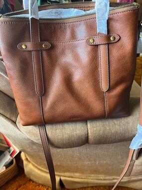 Fossil Brown Leather Messenger Tote Bag